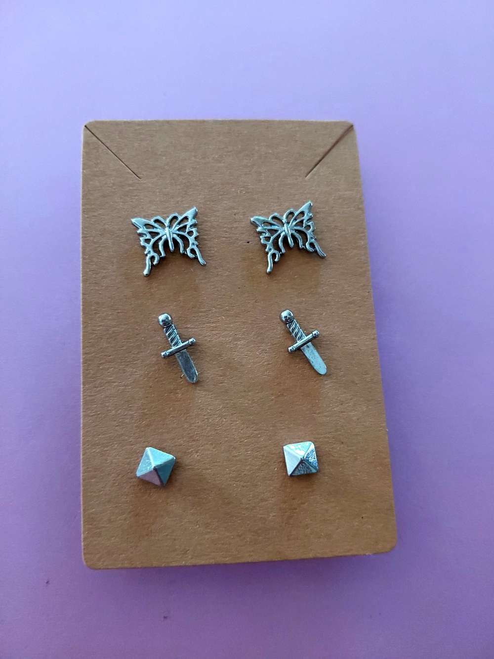 New No Boundries Set Of 3 Filigree Butterflies, Knife And Triangle Studs